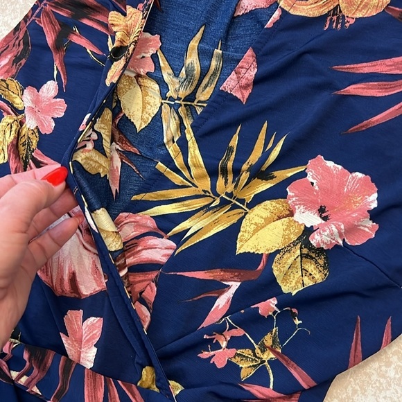 Blashe Jumpsuit tropical floral print straight leg surplice Vneck navy blue sz S - Picture 7 of 16